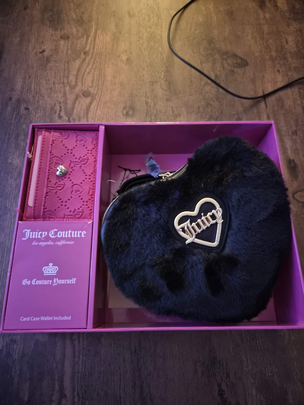 Juicy Couture Black Heart Fur Crossbody Bag/Pink Wallet - Juicy Logo BRAND NEW